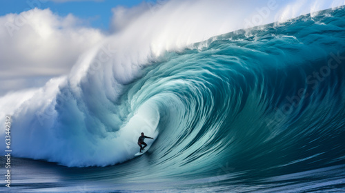 surfer cuts a huge wave on the board, blue water tunnel generative ai photo