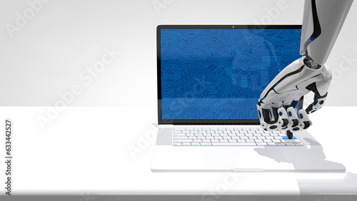 White human shaped robot hand pressing a blue key of an white laptop with blue circuit board screen on reflective desk. 3D Illustration