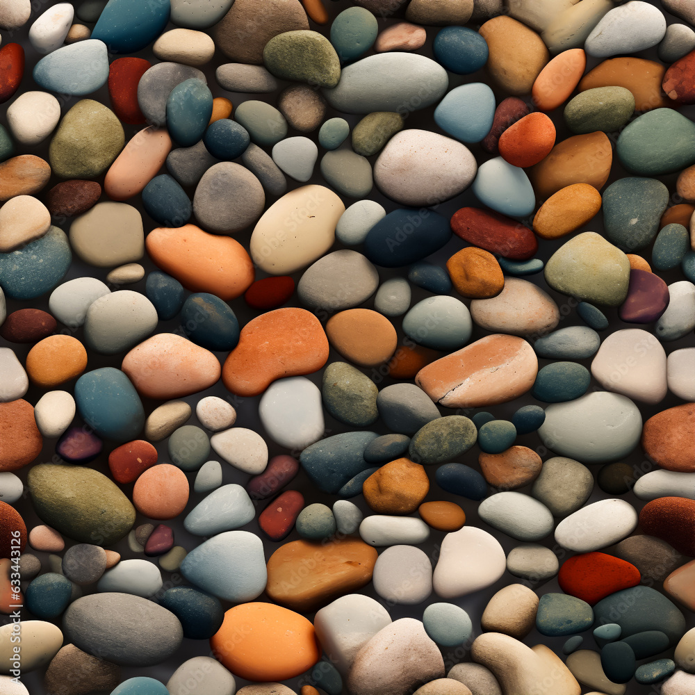 River rocks or stones in a seamless tiled pattern. Naturally polished and rounded river pebbles repeating background. River rocks or stones in a seamless tiled pattern. Naturally polished and rounded river pebbles repeating background.