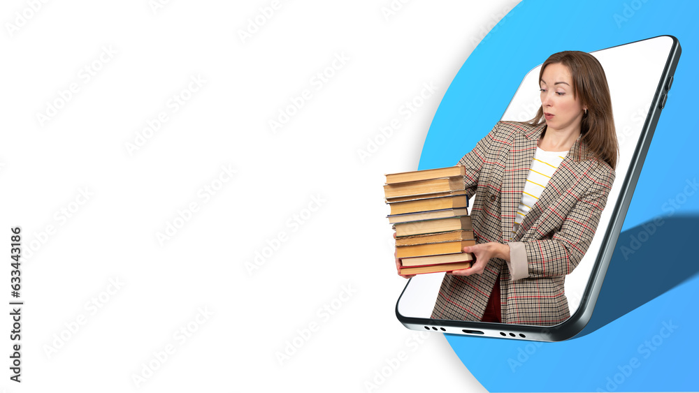 Woman with books. Student in phone screen. Online library concept. Girl is holding textbooks. Businesswoman offers to buy books. Distance education. Copyspace on white. Woman student with books Woman with books. Student in phone screen. Online library concept. Girl is holding textbooks. Businesswoman offers to buy books. Distance education. Copyspace on white. Woman student with books