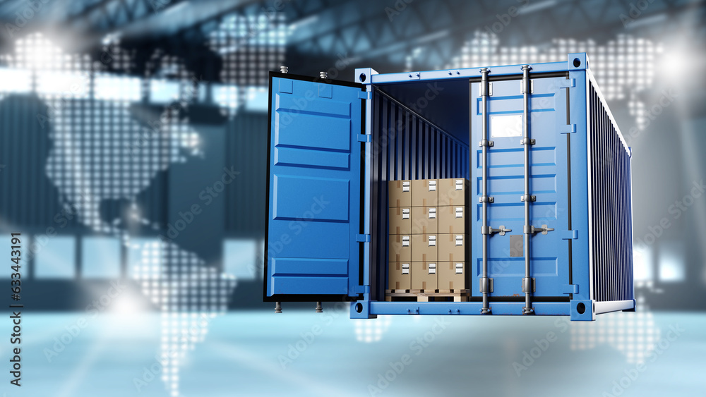 Logistic container. World map near warehouse. Shipping container floats