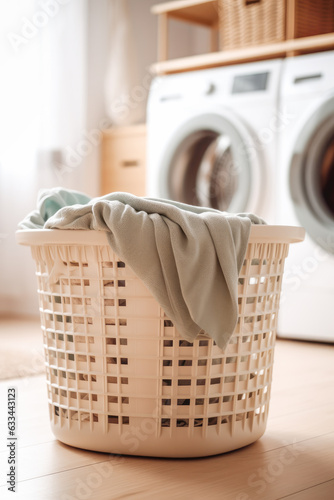 Basket with dirty clothes and washing machine in laundry room. Generative AI.