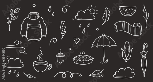 Autumn doodle vector chalkboard set. Hand drawn doodle sketch style nature fall season, autumn icon background. Autumn falling leaves, wind season, umbrella sketch elements. Vector illustration