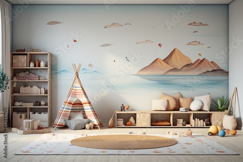 Wall mockup designed for a childrens interior with a combination of Scandinavian and boho styles. rendering and illustration.