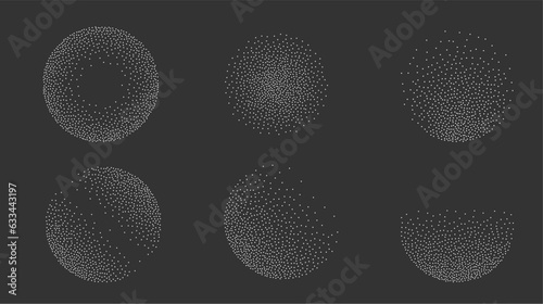 Dotwork grain noise gradient circles. Pointillism gradient pattern on dark background. Radial stochastic grange texture set. Dotwork stipple halftone effect. Dotted sphere, stipple element. Vector