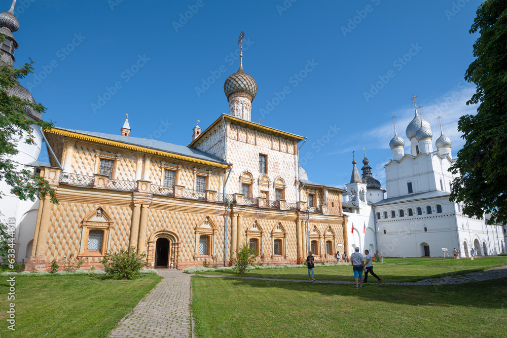 View of the ancient Hodegetria church on a sunny August day. Rostov Kremlin, Golden Ring of Russia