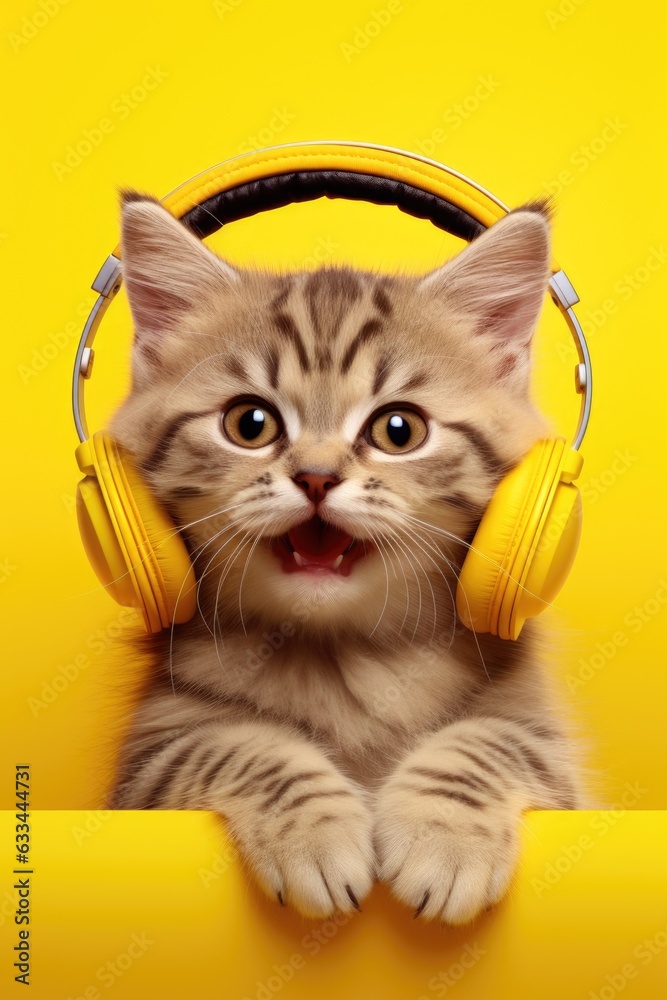 Cute little cat in headphones on yellow background Generative AI