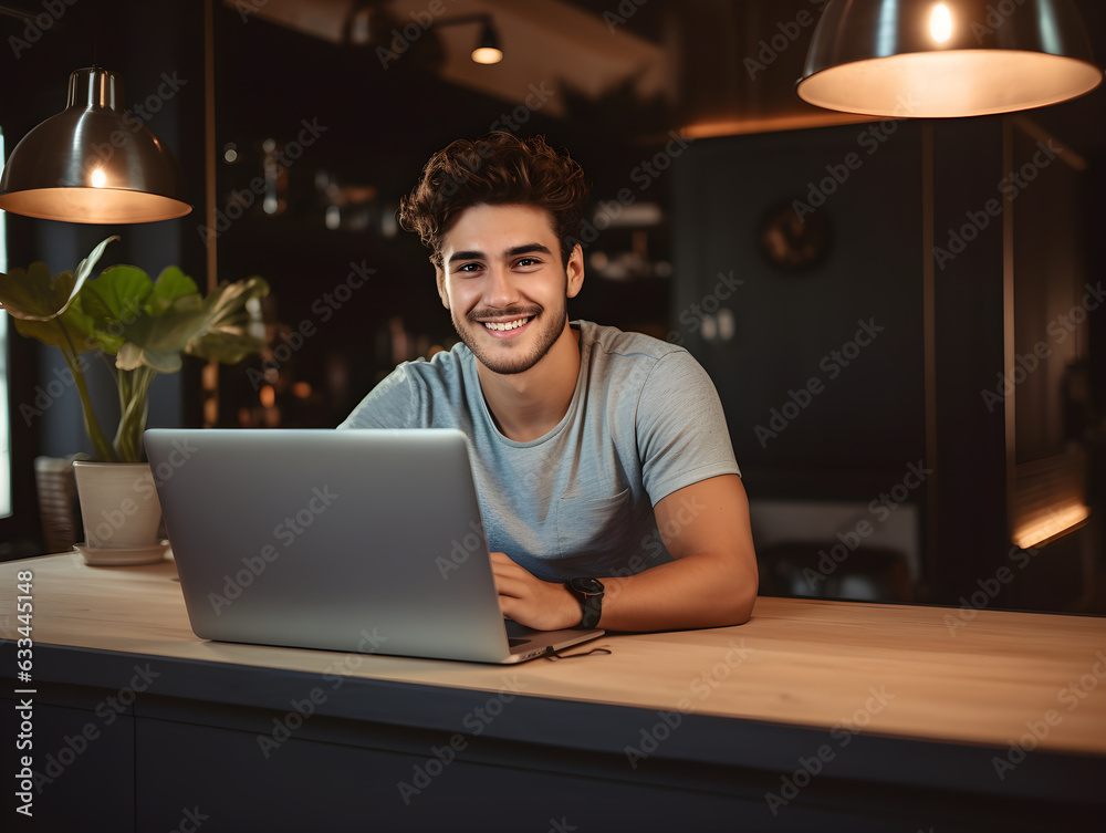Generative ai of happy young man sitting at home working with laptop via remote control. Generative ai of happy young man sitting at home working with laptop via remote control.