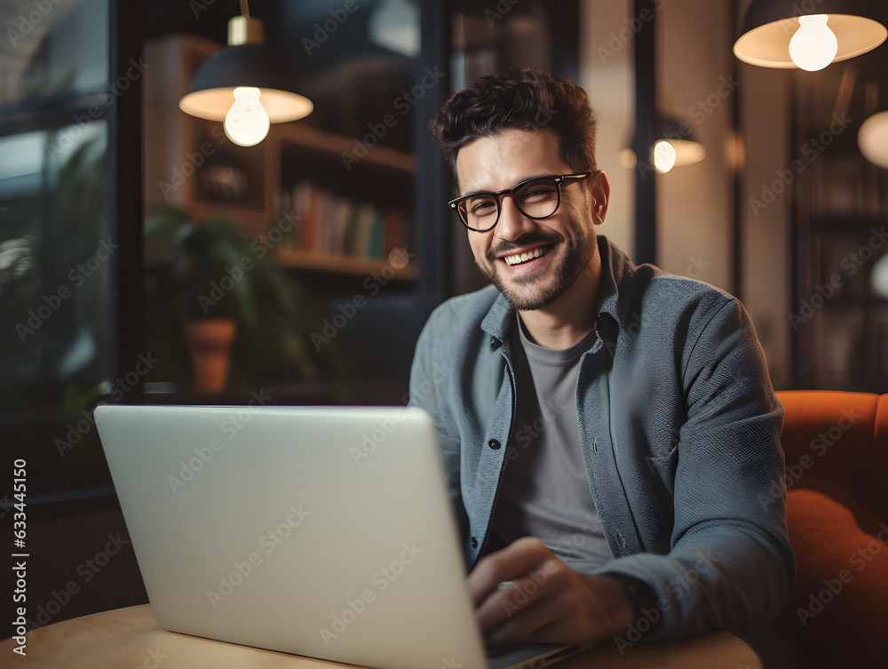 Generative ai of happy young man sitting at home working with laptop via remote control. Generative ai of happy young man sitting at home working with laptop via remote control.