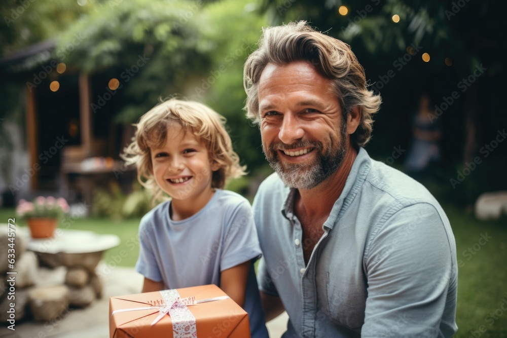 Proud father with gift box and kid on blurry natural background, outdoor