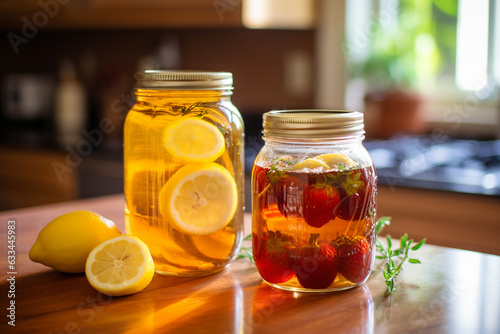 kombucha with lemon in a jar on the window. useful drink lactic acid bacteria. fermentation. drink. lemonade. strawberry lemon. herbs