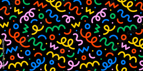 Fun colorful line doodle seamless pattern. Creative minimalist style art background for children or trendy design with basic shapes. Simple party confetti texture, childish scribble shape backdrop.