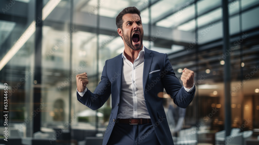 energetic business man shouting and yelling with arms up celebrating victory energetic business man shouting and yelling with arms up celebrating victory
