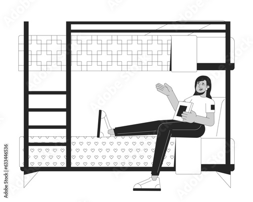 Indian woman with book sitting on bunkbed flat line black white vector character. Editable outline full body person. Student girl in dorm simple cartoon isolated spot illustration for web design