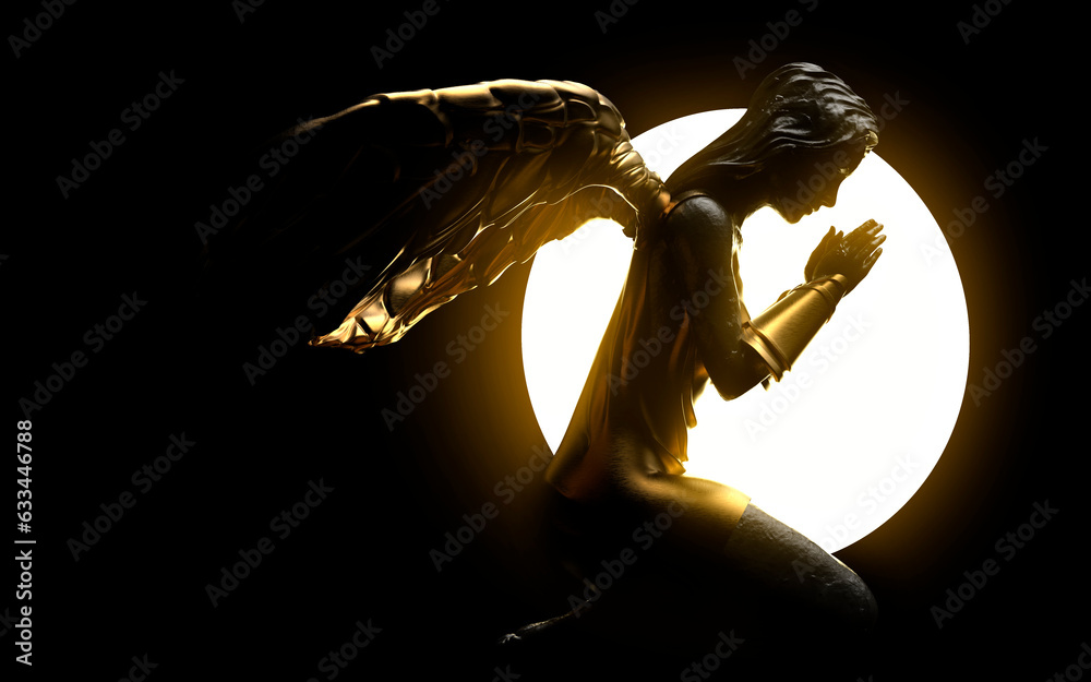 3d render illustration of antique golden female angel statue sitting praying side view with glowing sun on black background. - obrazy, fototapety, plakaty 