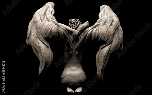 3d render illustration of shaded antique stone female angel statue sitting pose back view on black background.
