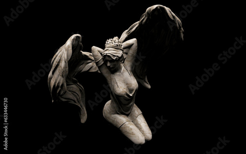 3d render illustration of shaded antique stone female angel statue sitting pose isometric view on black background.