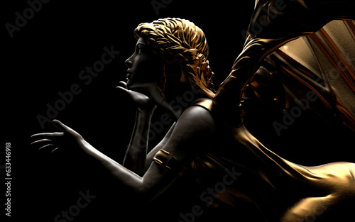 3d render illustration of antique golden and black marble female angel statue on black background.