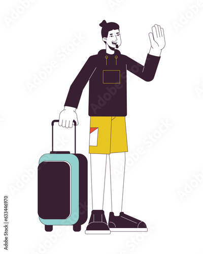 Goodbye waving man holding suitcase flat line color vector character. Editable outline full body person on white. Hello male luggage carrying simple cartoon spot illustration for web graphic design