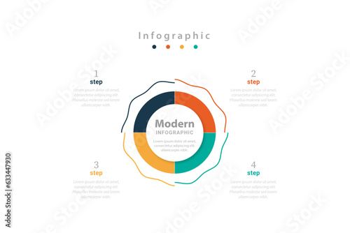 Flat vector timeline infographic template with 4 level or steps or options in white background.