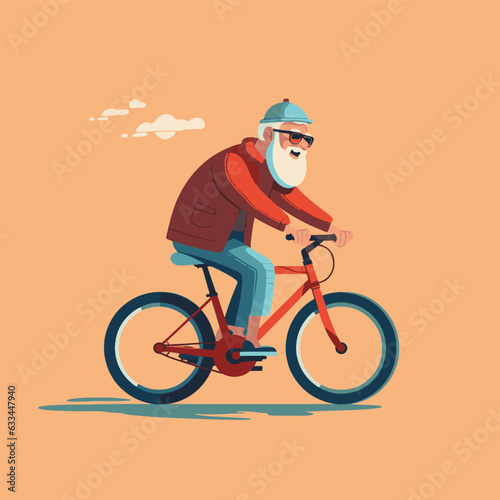 vector drawing, an elderly man rides a bicycle, smiles. flat style. sports, old people, travel