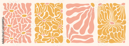 Groovy abstract flower art set. Organic doodle shapes in trendy naive retro hippie 60s 70s style. Contemporary poster and background. Floral botanic vector illustration in pink, yellow, orange colors