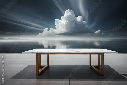 table with clouds,White marble table is empty and smoke is floating above it ...