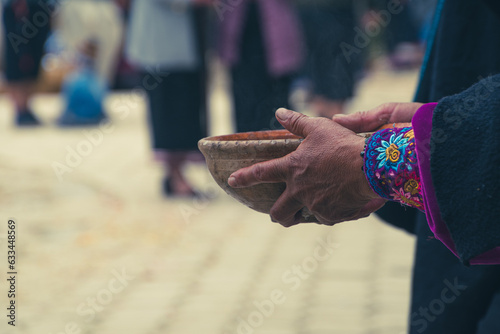 Traditional food in a clay plate used by the Saraguro indigenous culture in the Inti Raymi festival