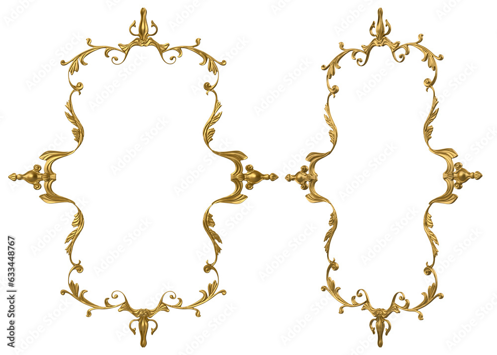 Isolated 3d render illustration of golden baroque royal ornate picture frame, front and 3/4 view.