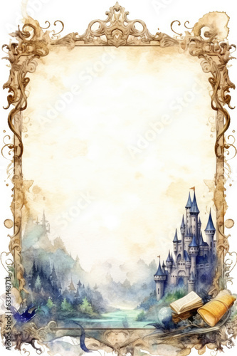 Framed border of a castle by the water near the forest