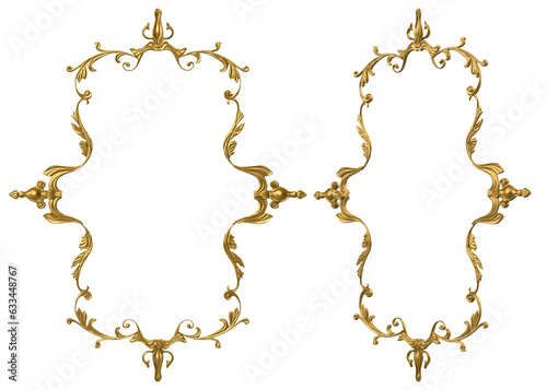 Isolated 3d render illustration of golden baroque royal ornate picture frame, front and 3/4 view.