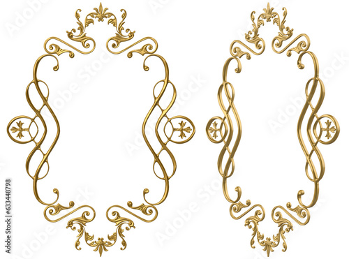 Isolated 3d render illustration of golden baroque ornate picture frame with cross elements, front and 3/4 view.