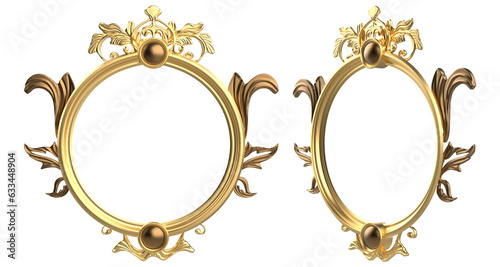 Isolated 3d render illustration of golden baroque ornate picture or mirror frame, front and 3/4 view.
