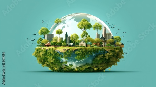 Symbolic 3D image of the globe with elements of human activity and nature. Environment, save clean planet, ecology concept. Saving nature for future generations. Earth Day banner with copy space. © Georgii