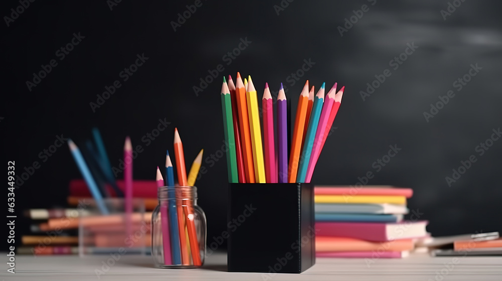 Obraz premium Back to school, orange pencil holder, stack of books on white table with red apple. Generative Ai