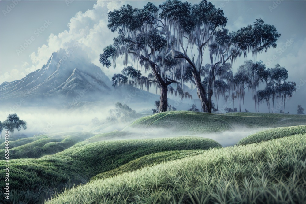 Tea plantation on the mountain in the fog