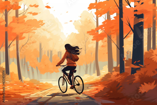 Illustration of a girl riding a bike in the autumn park in the mountains