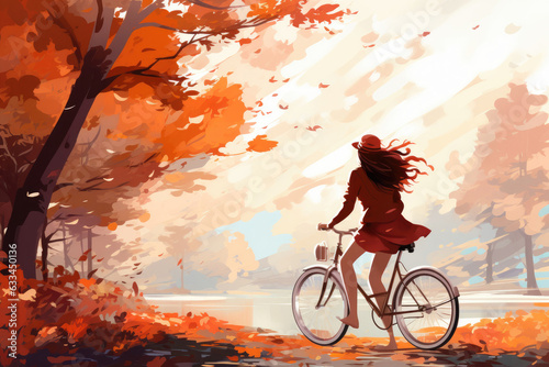 Illustration of a girl riding a bike in the autumn park in the mountains