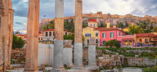 Greece, Athens square. wide angel horizontal shot 

3 different historic times in 1 (starting from the ancient roman agora, to plaka, and the acropolis) 