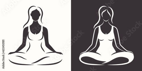 Silhouette Black and White Vector Illustration of a Girl Doing Yoga in Lotus Pose. Design Template for Fitness Club Logo, Label, Company Badge. Cutout Style