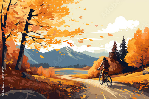 Illustration of a girl riding a bike in the autumn park in the mountains © Veniamin Kraskov