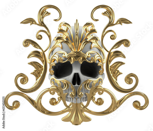 Isolated 3d render illustration of golden gothic baroque floral ornate skull.