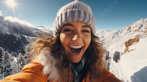 Portrait of a young sporty woman in a knitted hat, taking a selfie and having fun on a winter day in the mountains. healthy lifestyle. Generative ai