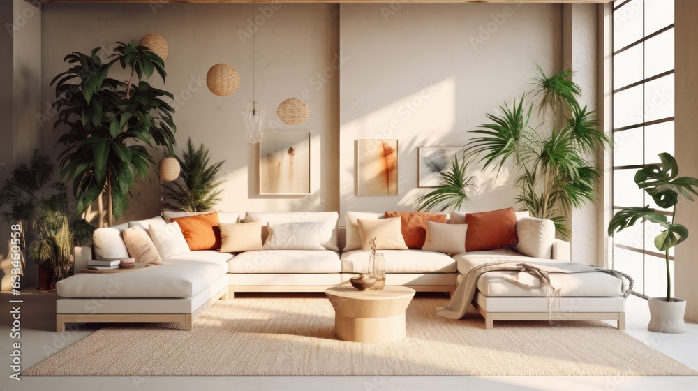 Cozy elegant boho style living room interior in natural colors. Comfortable corner couch with cushions, many houseplants, wooden coffee table, rug on wooden floor, home decor. 3D rendering. Cozy elegant boho style living room interior in natural colors. Comfortable corner couch with cushions, many houseplants, wooden coffee table, rug on wooden floor, home decor. 3D rendering.