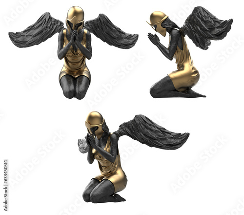 Isolated 3d render illustration of black marble and golden warrior angel statue in helmet praying pose, various angles.