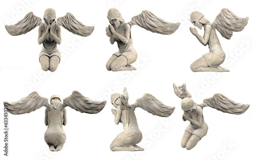 Isolated 3d render illustration of antique stone warrior angel statue in praying pose, various angles.