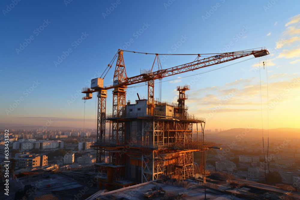 The building site features a prominent yellow construction crane  Generative AI
