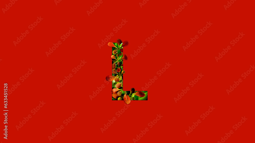 Letter L made of colorful tropical leaves. Leaf font concept. Unique collection of letters and numbers. Spring, summer and valentines creative idea. Tropical vibes. Letter L made of colorful tropical leaves. Leaf font concept. Unique collection of letters and numbers. Spring, summer and valentines creative idea. Tropical vibes.