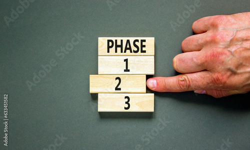 Time to phase 2 symbol. Concept word Phase 1 2 3 on wooden block. Businessman hand. Beautiful grey table grey background. Business planning and time to phase 2 concept. Copy space. photo