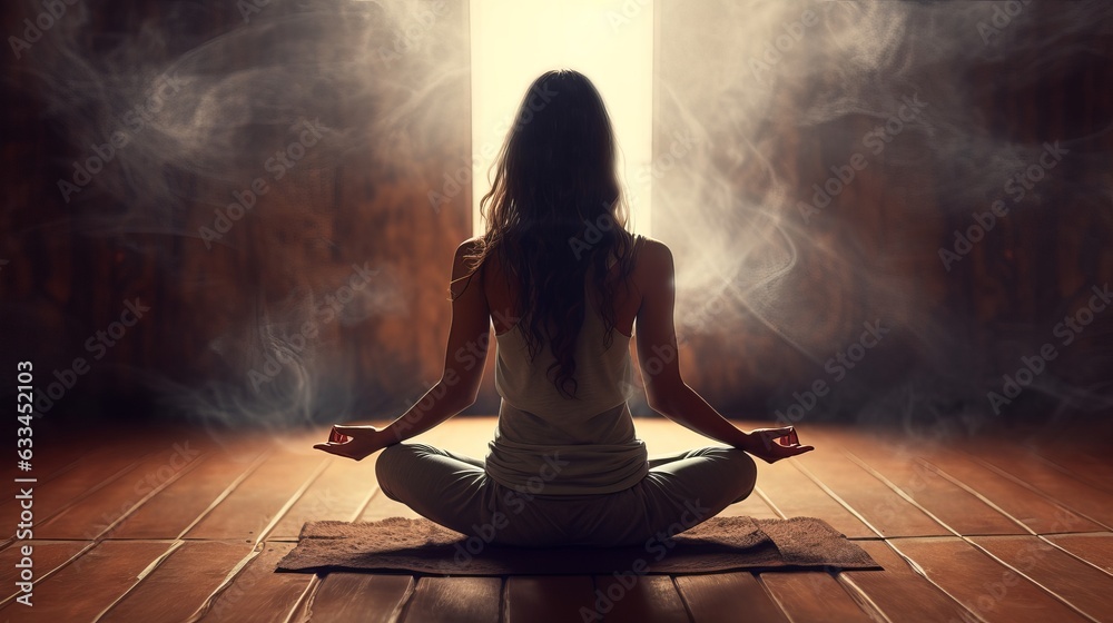 woman sitting in meditation in room